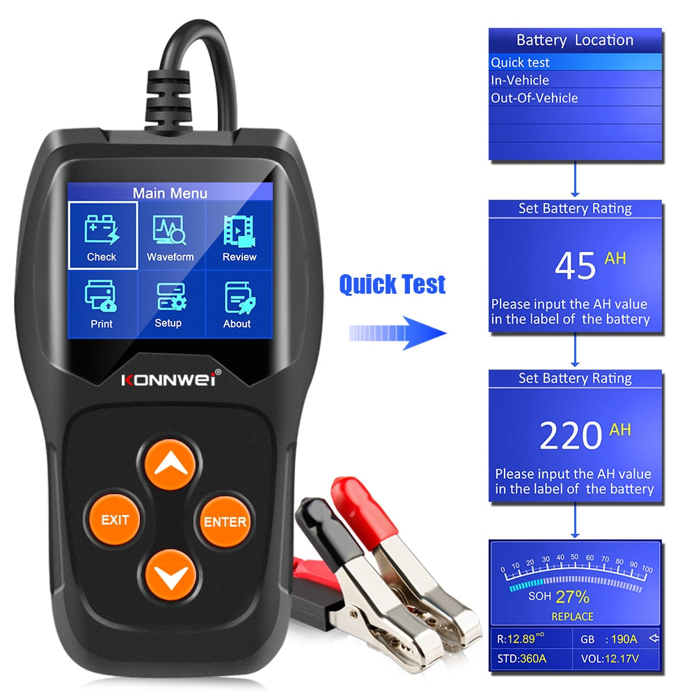 Car Battery Tester 12V 100 to 2000CCA 12 Volts Battery tools for the Car Quick Cranking Charging Diagnostic