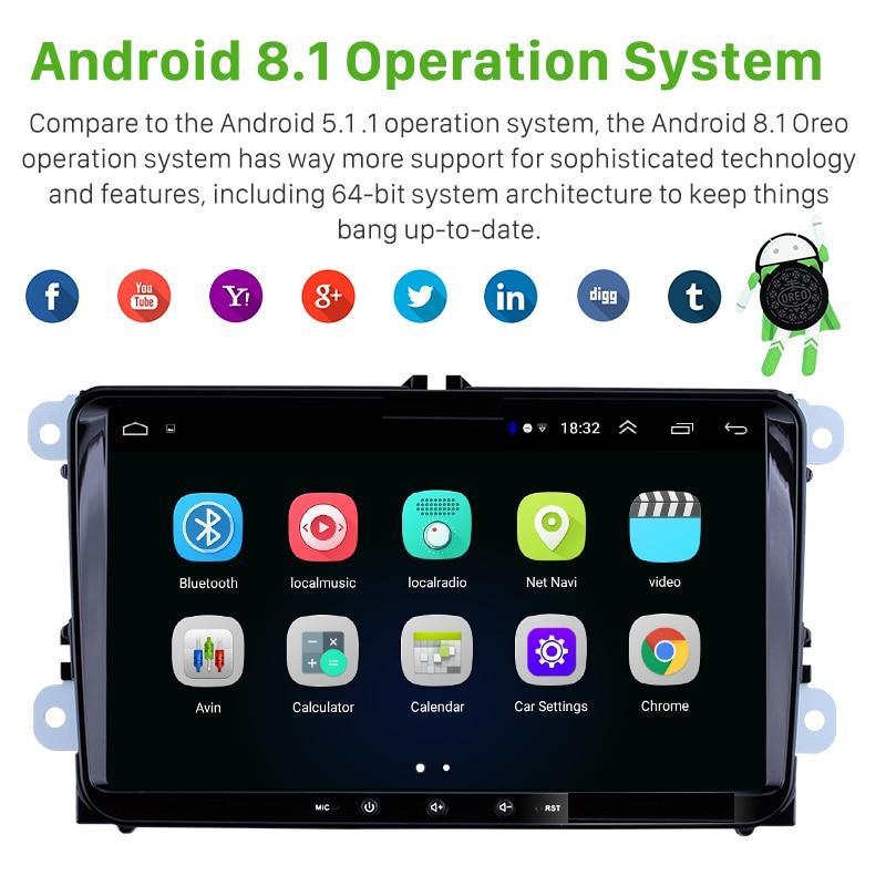 2G + 32G Stereo 9" 2din Android 8.1 Suit For VW Supports Apple CarPlay / Android Auto Head Unit + Camera Multimedia Player VW Golf 5 MK5 6 MK6 Skoda Passat