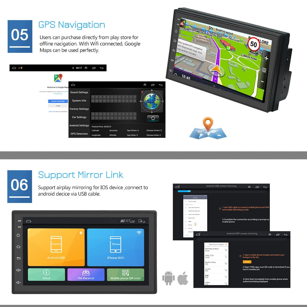 2 DIN Android Car Stereo GPS Navigation Rear View Camera 7'' MP5 Player Bluetooth WIFI Audio Radio