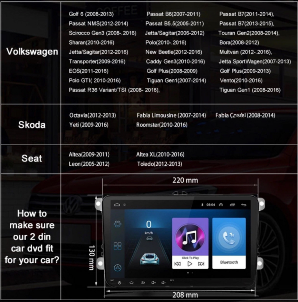 VW Android 8.1 Double DIN Head Unit + Reversing Camera for Volkswagen, Skoda Bluetooth, Radio, Video Player