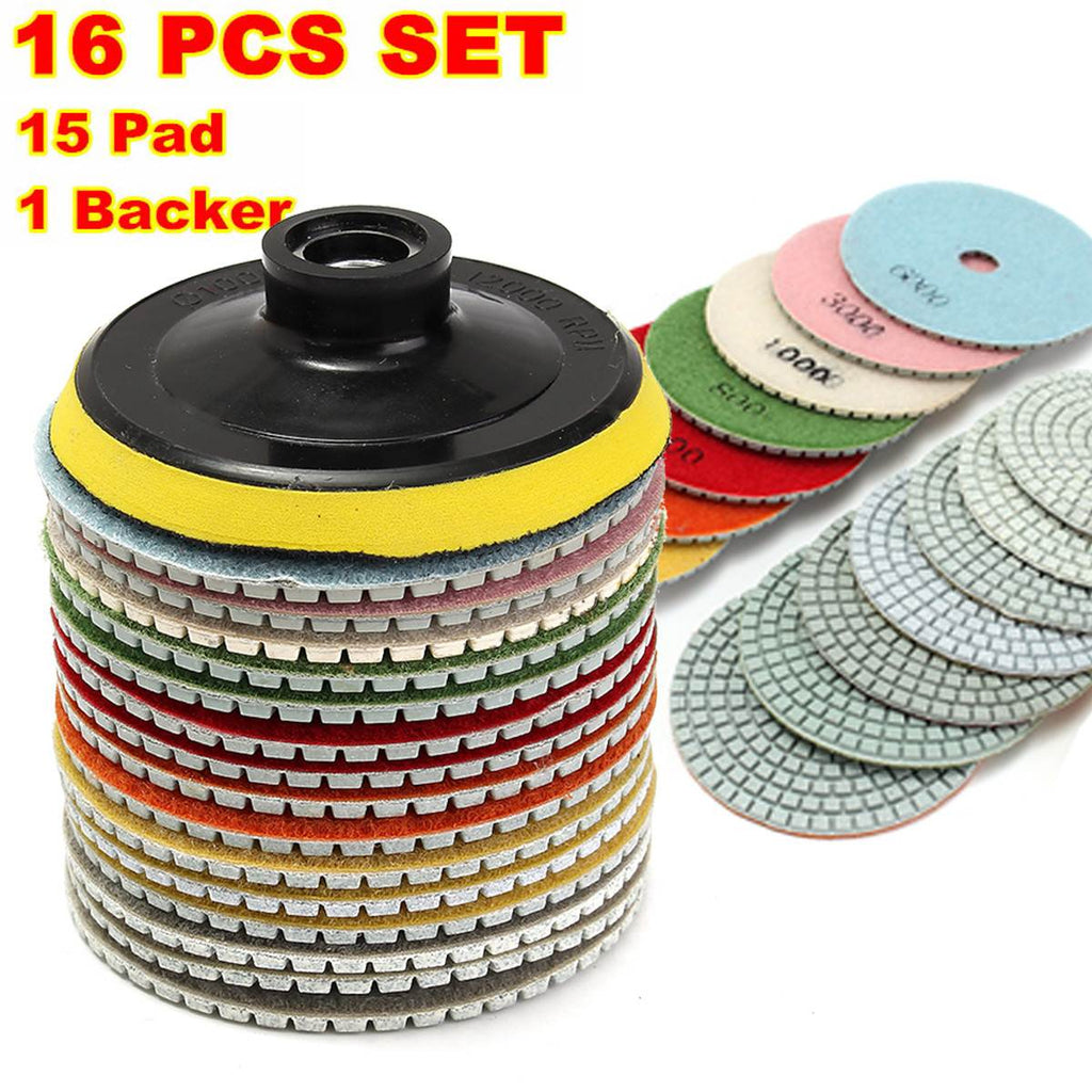 16pcs Diamond Polishing Pads Kit 4 inch 100mm Wet/Dry for Granite Stone Concrete