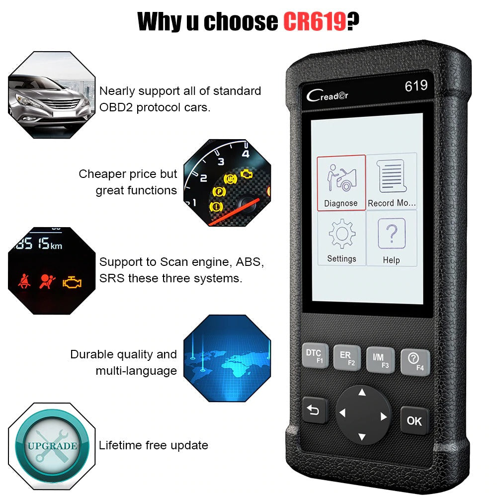 Launch CR619 OBD2 Scanner Engine ABS SRS ODB2 Scan Tool Multi-language Launch OBDII Car Diagnostic Scan Tool Free Updates