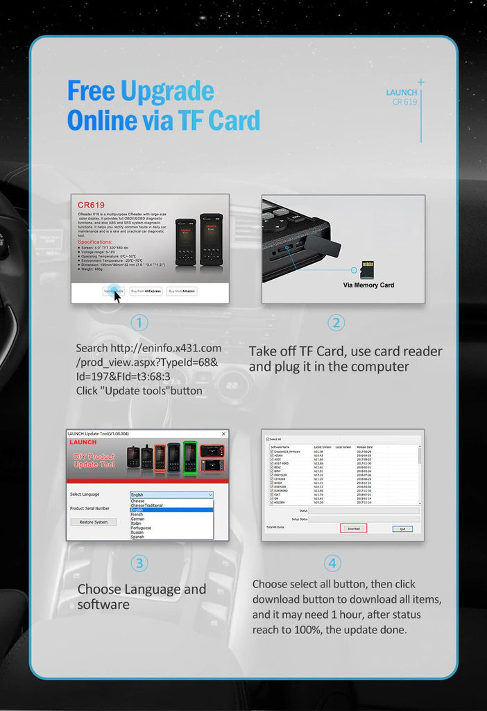 Launch CR619 OBD2 Scanner Engine ABS SRS ODB2 Scan Tool Multi-language Launch OBDII Car Diagnostic Scan Tool Free Updates